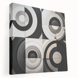 Stretched canvas artwork displaying an abstract geometric design in vibrant colors, showcasing a modern aesthetic ideal for contemporary home decor.