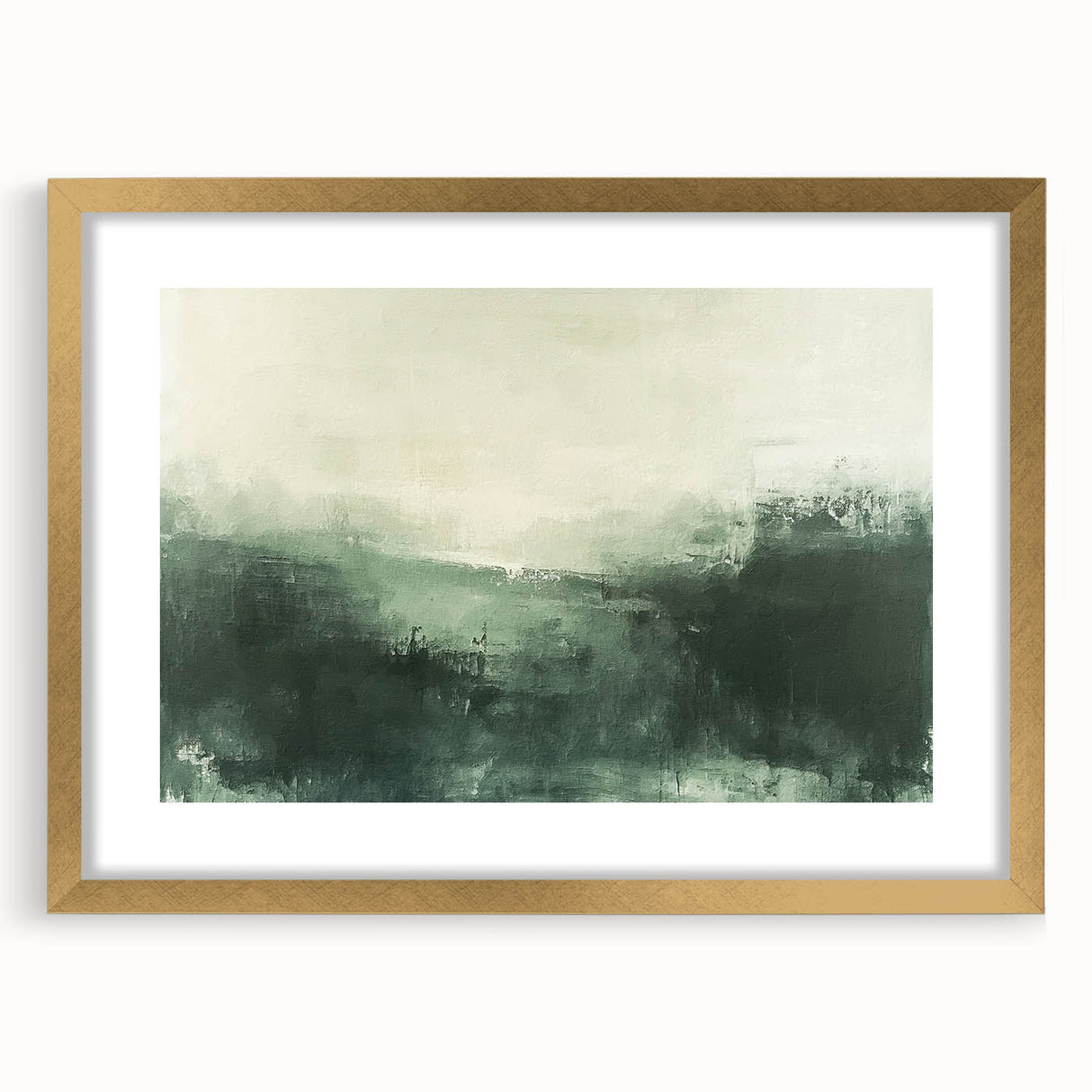 Abstract landscape wall art framed in gold with a white mat, showcasing vibrant colors and fluid shapes, perfect for modern home decor. Ideal for enhancing living spaces.
