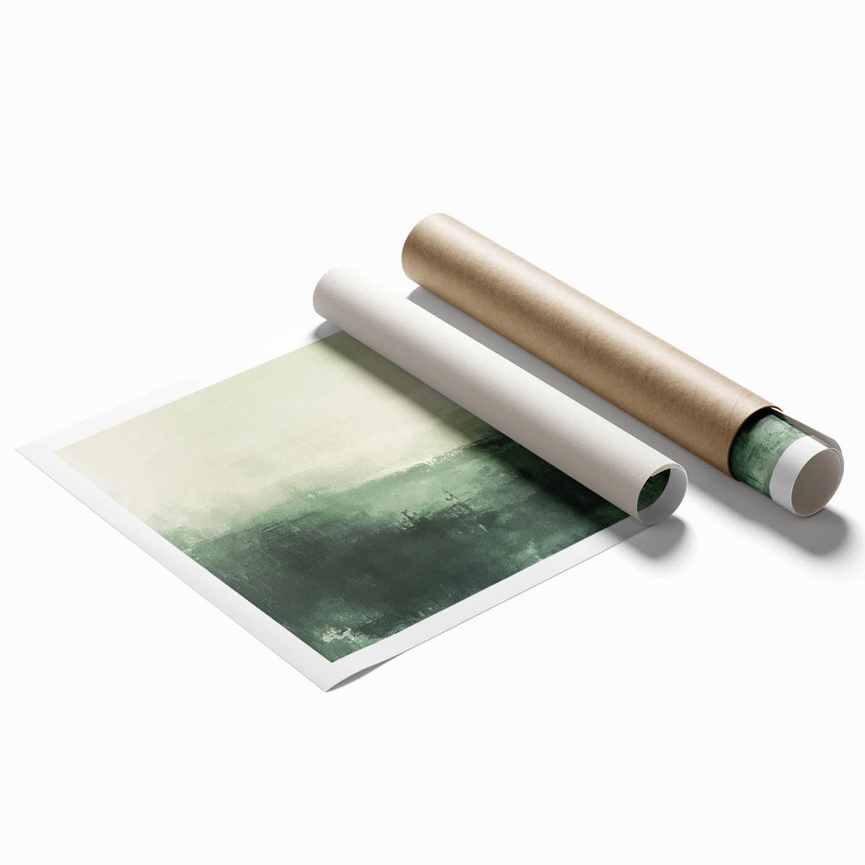 Abstract landscape wall art print showcasing vibrant hues of blue, green, and gold, rolled for easy transport and display, perfect for modern home decor.