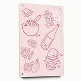 Large abstract wall art on acrylic glass depicting vibrant, colorful food and drinks, ideal for dining room decor.