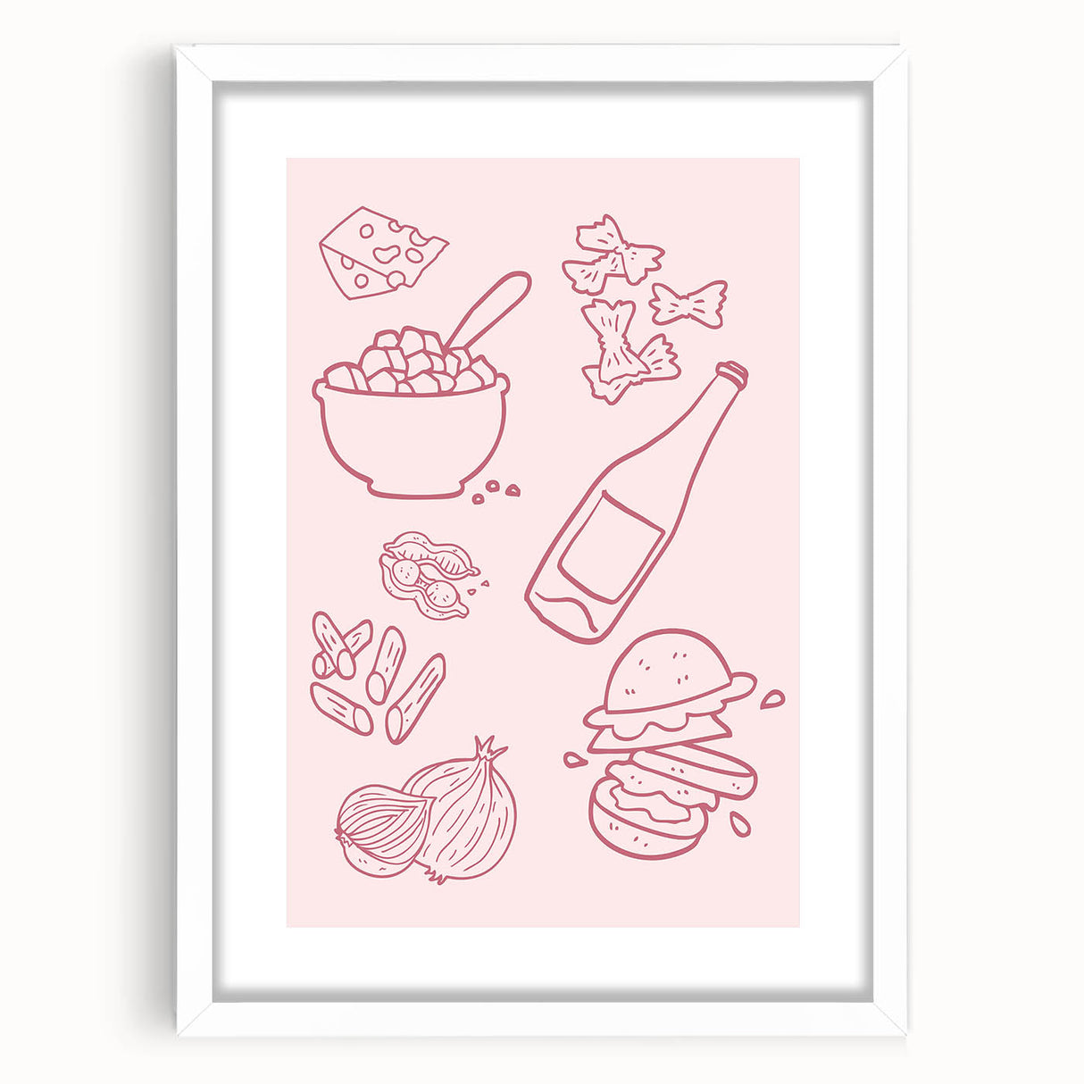 Abstract art print featuring assorted geometric shapes in muted pastel colors on a white framed poster.