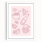 Abstract art print featuring assorted geometric shapes in muted pastel colors on a white framed poster.