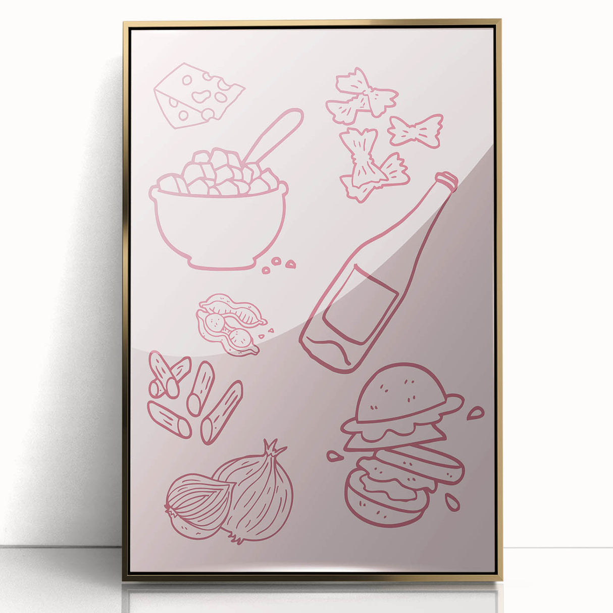 Large acrylic print of mid-century modernist food and drinks art in gold frame, suitable for modern kitchen decor.