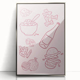 Mid-century modernist art featuring stylized food and drinks on a silver-framed acrylic print.