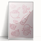 Art deco poster featuring stylized food and drink motifs in monochrome, framed in white acrylic.