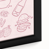 Extra large black wall art featuring a colorful, textured depiction of various foods and drinks on framed canvas.