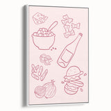 Framed canvas vintage poster art featuring colorful food and drink imagery on a black background.