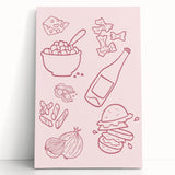 Large black and white stretched canvas featuring assorted kitchen utensils, ideal for kitchen wall art.