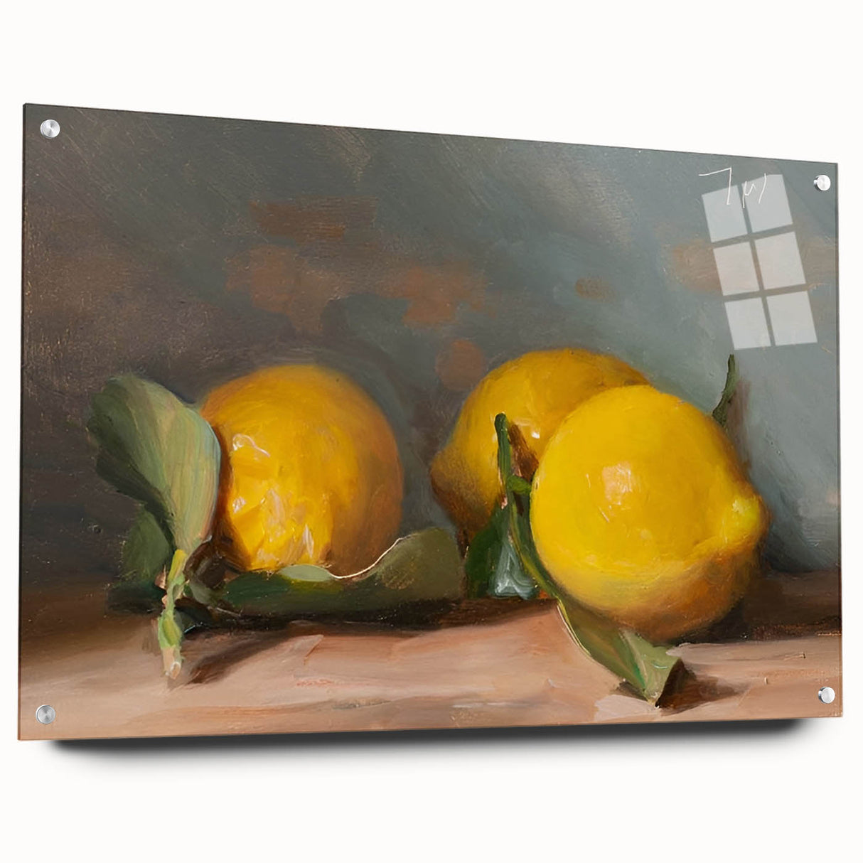 Acrylic glass print of assorted fruits in vibrant colors, ideal for dining room decor.