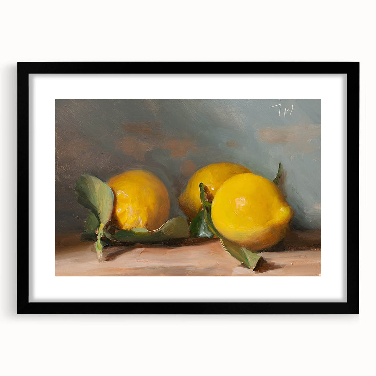 Extra large abstract art print featuring colorful, textured fruits, framed in black, ideal for living room decor.