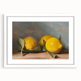 Abstract art print of assorted fruits in vibrant colors on a white framed mat, ideal for dining room decor.