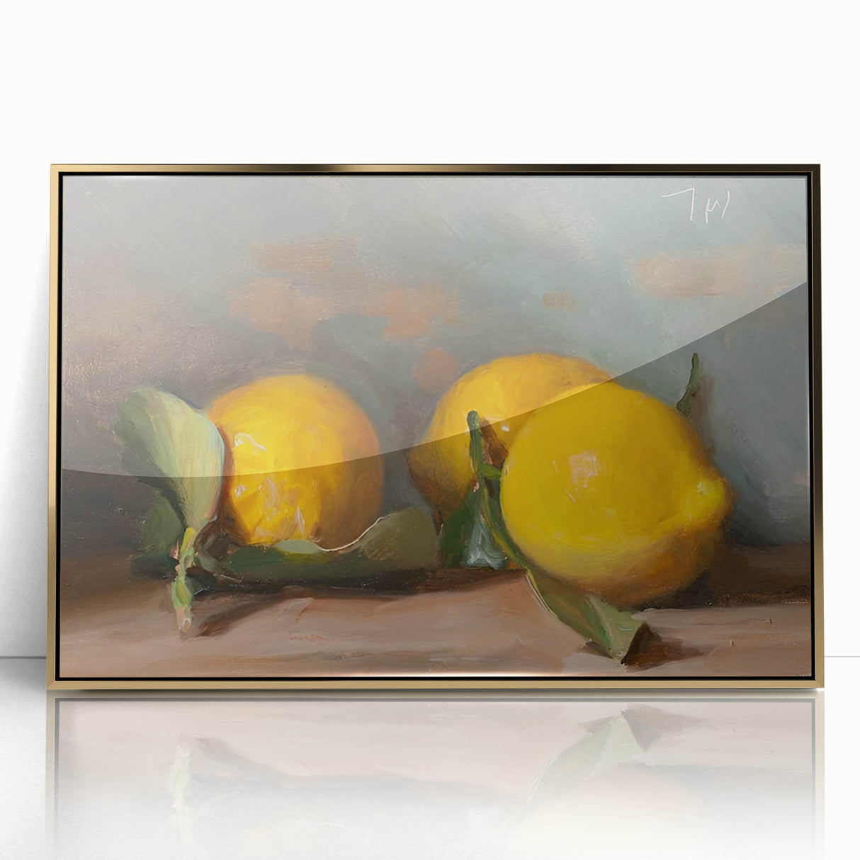 Mid-century modernist acrylic print of colorful fruits in gold frame, suitable for modern kitchen decor.