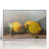 Art deco poster featuring an array of colorful fruits on a white acrylic framed canvas, ideal for modern kitchen decor.