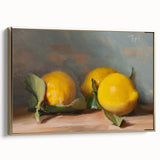 Framed canvas featuring a vintage poster of assorted fruits in muted colors, ideal for bedroom wall art.
