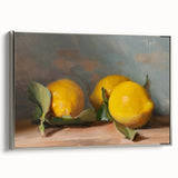 Framed canvas depicting colorful vintage fruit illustrations on a black background, suitable for kitchen decor.
