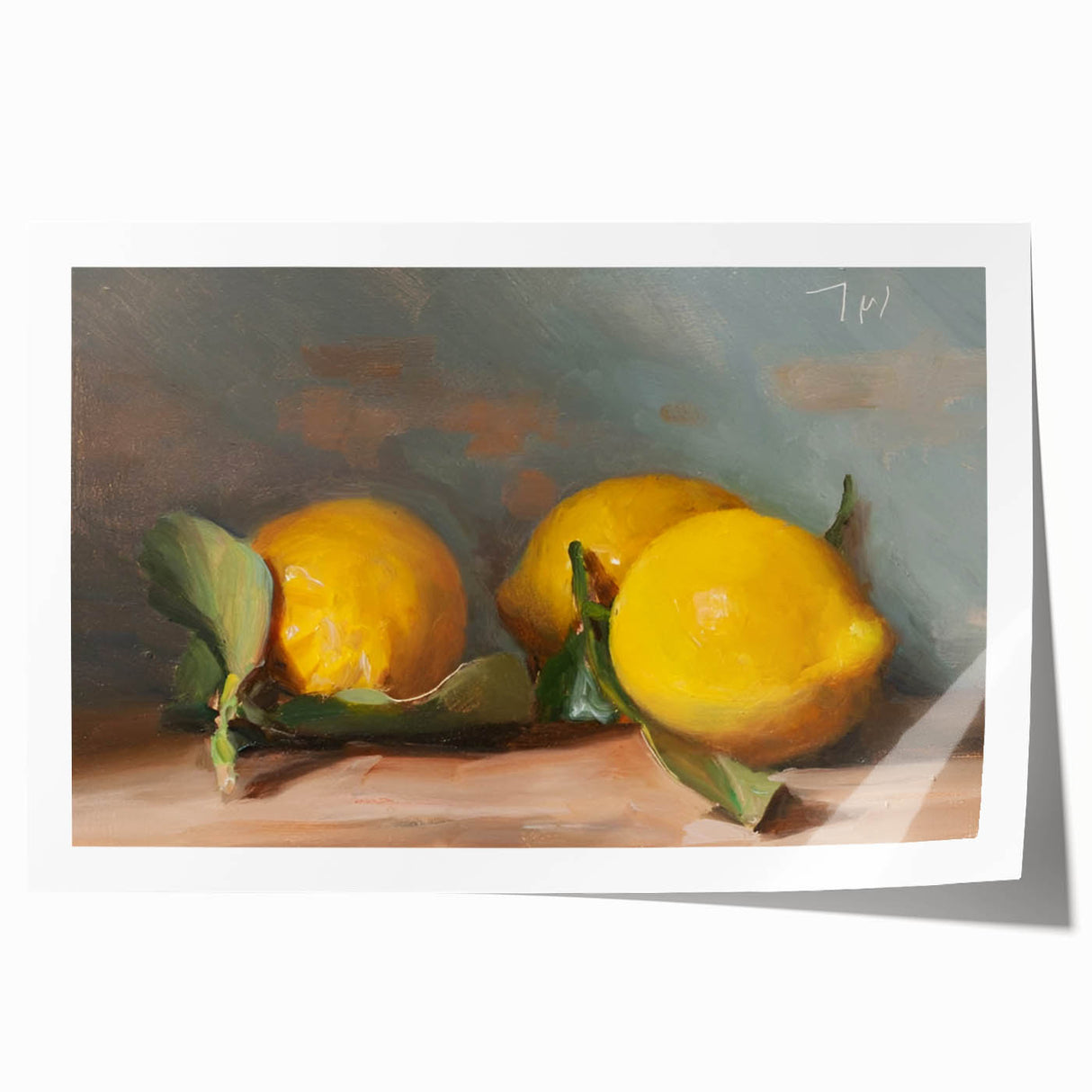 Rolled canvas print of vibrant fruit and floral arrangement in red, orange, and green, ideal for dining room wall art.