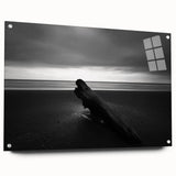 Acrylic glass artwork showcasing a serene beach landscape with vibrant colors, displayed in a side view, highlighting its sleek design and pinned edges for secure mounting. Perfect for coastal decor enthusiasts seeking a modern touch to their home or office.