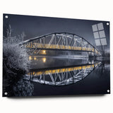 Acrylic glass landscape bridge design viewed from the side, showcasing intricate details and vibrant colors, mounted with pins for stability. Ideal for modern decor.