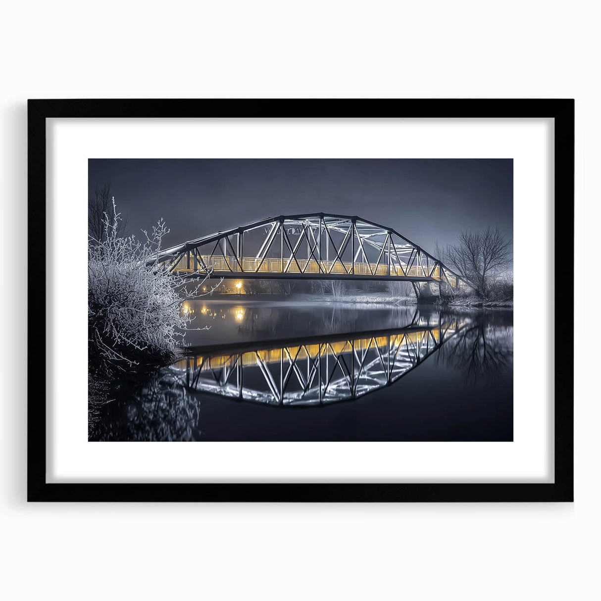 Black landscape bridge frame with mat, showcasing a sleek front view. Ideal for modern decor, highlighting art or photography in stylish settings.