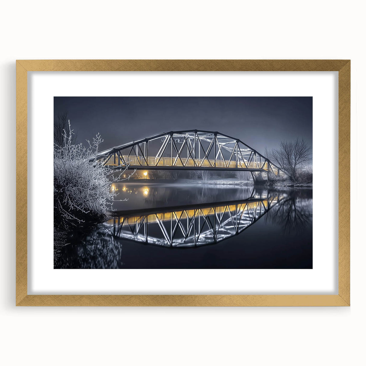 Elegant gold landscape bridge frame with mat, showcasing intricate design details and a sophisticated front view, perfect for enhancing home décor and art displays.
