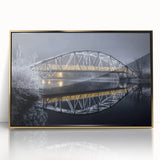 Framed acrylic artwork of a gold landscape bridge, showcasing intricate details and vibrant colors, ideal for modern home decor or artistic display.