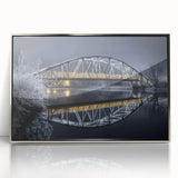 Framed acrylic artwork depicting a serene landscape bridge scene, featuring vibrant colors and intricate details, ideal for modern home decor.