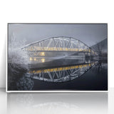 Framed acrylic art print showcasing a serene landscape bridge scene in vibrant colors, ideal for home decor and enhancing living spaces with nature-inspired beauty.