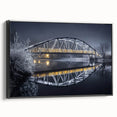 Framed canvas artwork depicting a black landscape bridge with intricate details, showcased in a side view against a neutral background, perfect for modern decor.