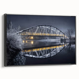 Framed canvas artwork depicting a black landscape bridge with intricate details, showcased in a side view against a neutral background, perfect for modern decor.