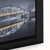 Framed canvas artwork showcasing a detailed landscape bridge design, featuring vibrant colors and intricate textures, ideal for enhancing home decor aesthetics.