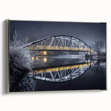 Framed canvas artwork showcasing a serene landscape bridge scene with silver accents, perfect for enhancing home decor in modern or traditional settings. Ideal for art enthusiasts and nature lovers seeking elegant wall decor.