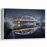 Framed canvas art depicting a serene landscape bridge scene with vibrant colors, perfect for enhancing home decor. Side view showcases the white frame design, ideal for modern interiors.
