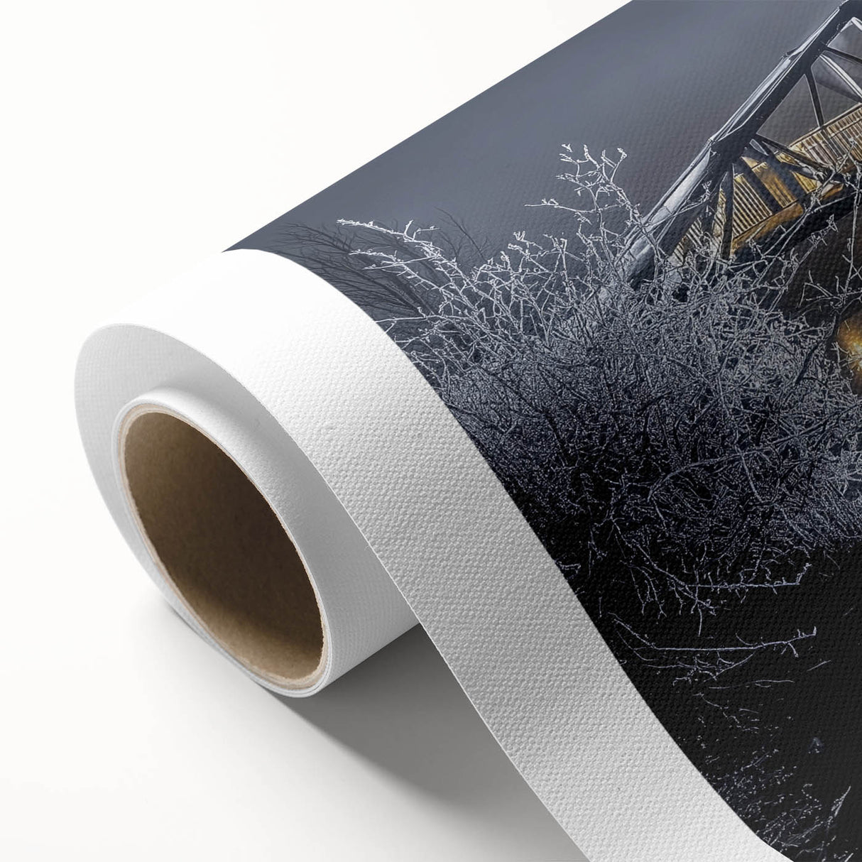 Landscape bridge artwork on rolled canvas showcasing vibrant colors and intricate details, elegantly packaged in a protective cardboard tube for easy transport and display. Perfect for enhancing home decor with a touch of artistic flair.