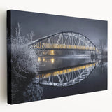 Stretched canvas artwork depicting a scenic landscape bridge in vibrant colors, showcasing intricate details and textures, perfect for home decor or office ambiance.
