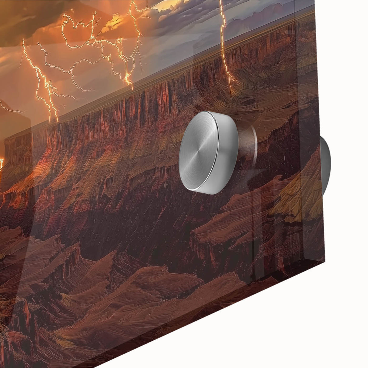 Close-up of a vibrant acrylic glass artwork depicting stunning canyons in a landscape design, showcasing rich colors and intricate details, perfect for home decor.
