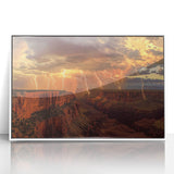 Framed acrylic landscape art featuring a stunning canyon view with vibrant colors, set in a sleek white frame, perfect for modern home decor and nature enthusiasts.