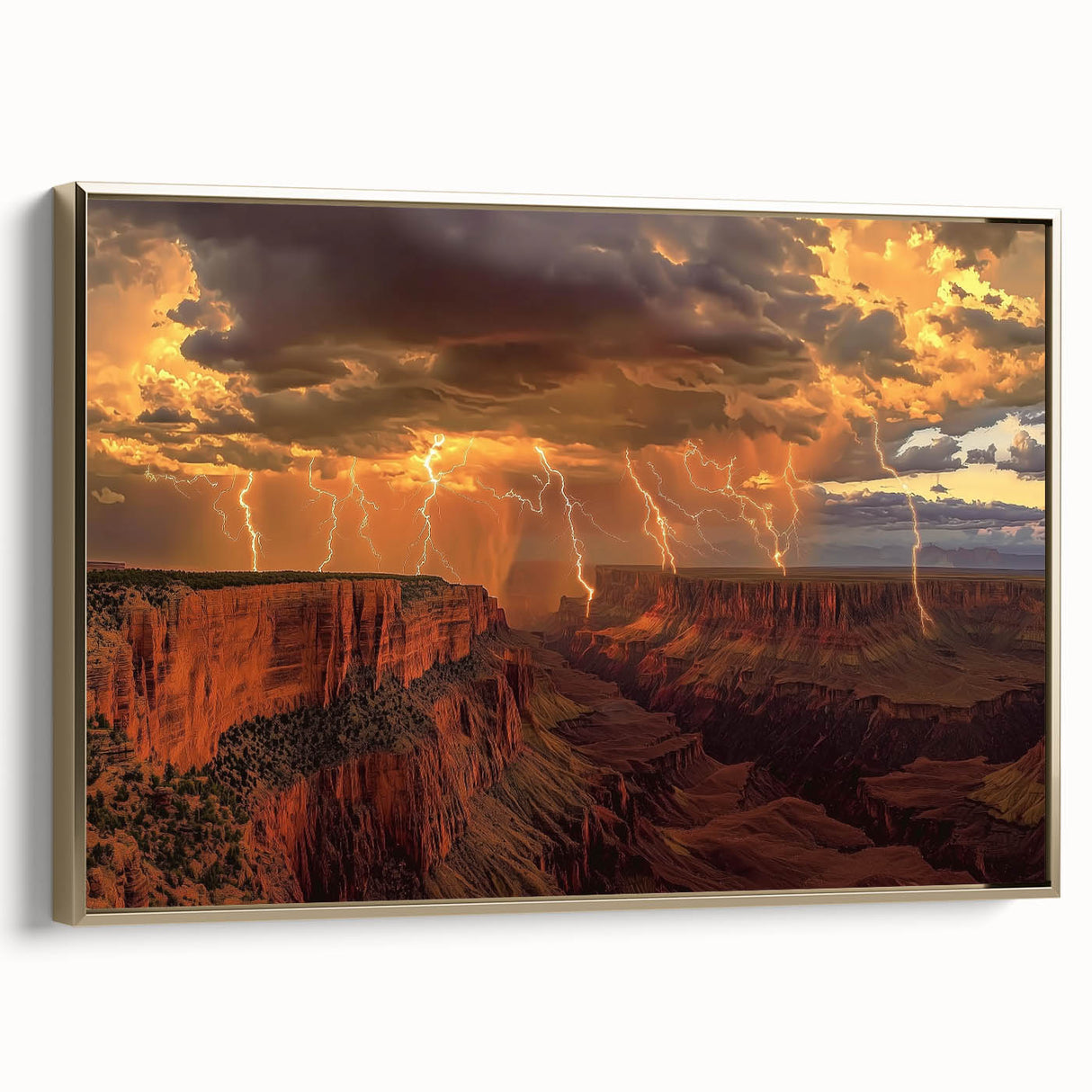 Framed canvas artwork depicting a vibrant landscape of canyons with rich gold accents, ideal for enhancing home decor and adding a touch of elegance to any room.