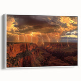 Framed canvas art displaying a stunning landscape of canyons in warm earthy tones, featuring a sleek white frame and side view, perfect for enhancing home decor.