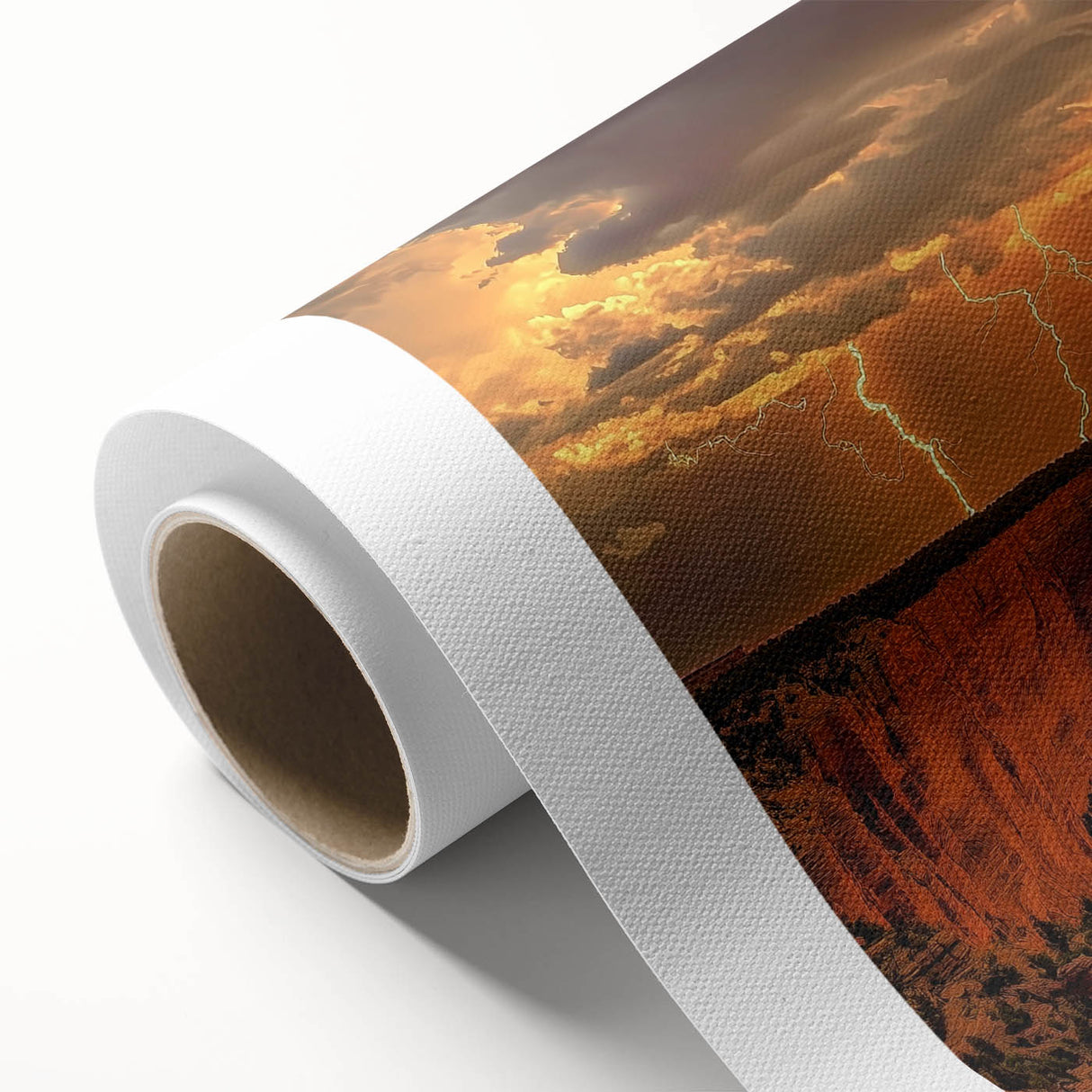 Stunning rolled canvas artwork depicting vibrant canyon landscapes in rich earth tones, showcasing intricate details and textures, perfect for home decor.