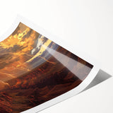 Vibrant landscape print of majestic canyons in warm earthy tones, showcasing intricate textures and details, rolled and ready for display in a protective tube.