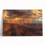 Stretched canvas artwork showcasing a vibrant landscape of canyons at sunset, featuring rich orange and purple hues, perfect for enhancing home decor.