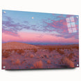 Acrylic glass landscape artwork depicting a vibrant desert scene with rich colors and intricate details, showcased from a side view with decorative pins.