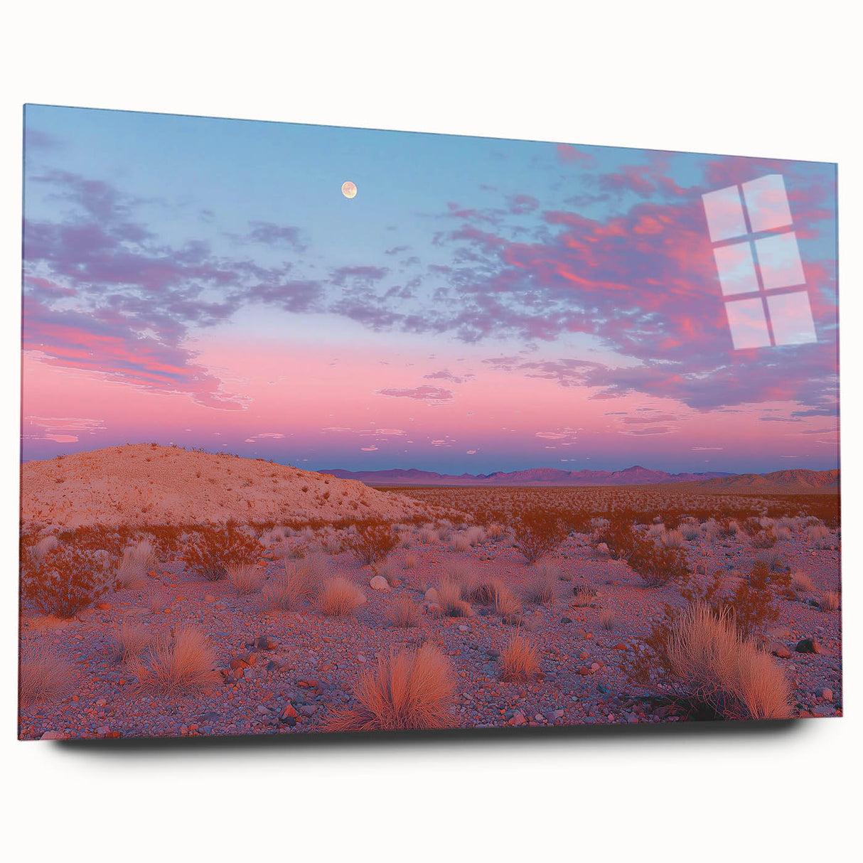 Desert landscape acrylic glass artwork showcasing vibrant orange and yellow hues, elegantly displayed in a side view, enhancing modern interior decor aesthetics.