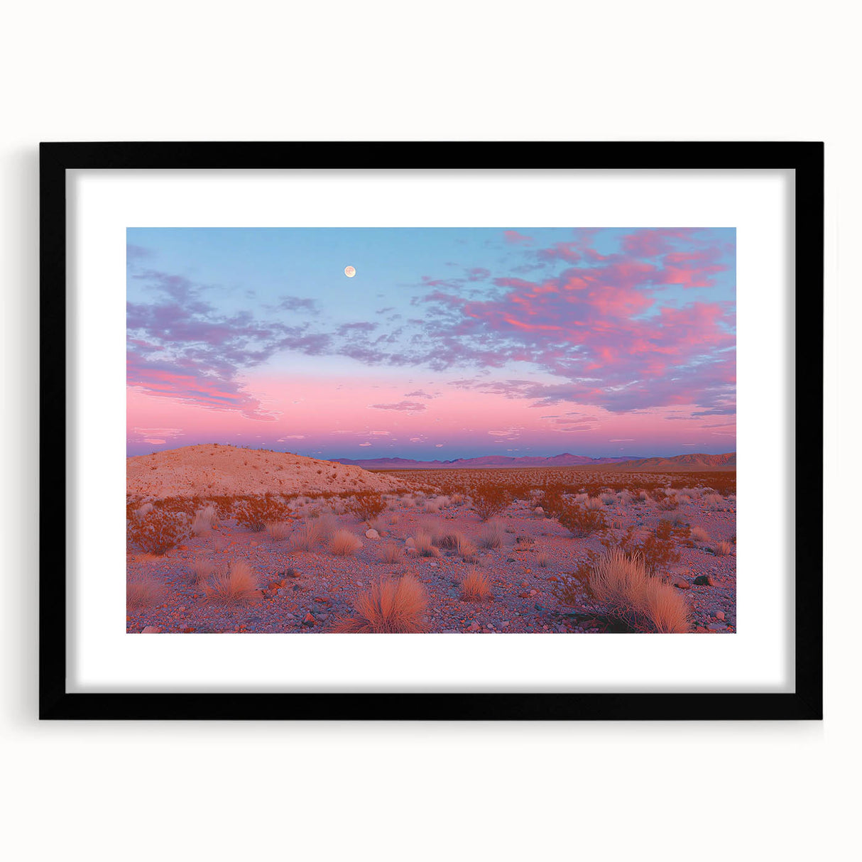 Black-framed landscape artwork depicting a desert scene, featuring warm tones of orange and brown with a textured mat, ideal for modern home decor.
