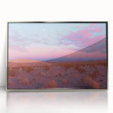 Framed acrylic artwork showcasing a desert landscape with vibrant colors, set in a sleek silver frame, perfect for modern home decor. Ideal for nature enthusiasts.