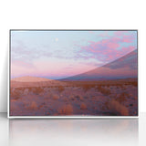 Framed acrylic wall art depicting a vibrant desert landscape with warm colors, showcasing cacti and mountains against a blue sky, ideal for home decor.