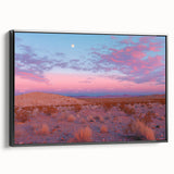 Framed canvas art depicting a serene desert landscape with warm tones, featuring a minimalist black frame. Ideal for modern home decor and art enthusiasts.