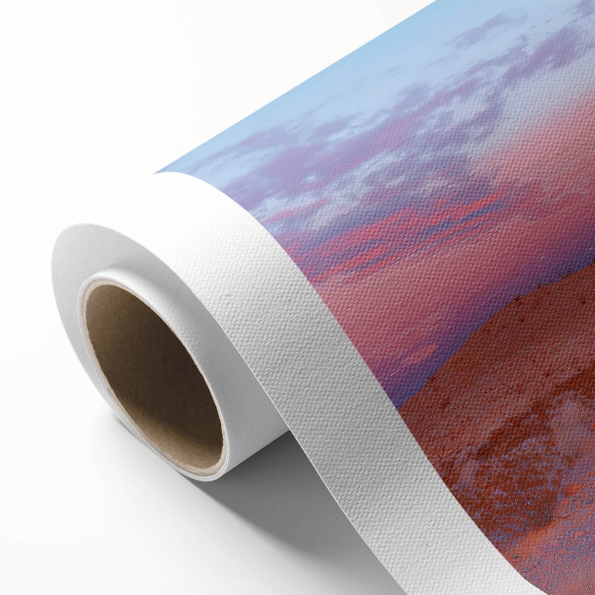 Desert landscape rolled canvas art showcasing vibrant hues of orange and yellow, depicting a serene sunset over sandy dunes, ideal for home decor.
