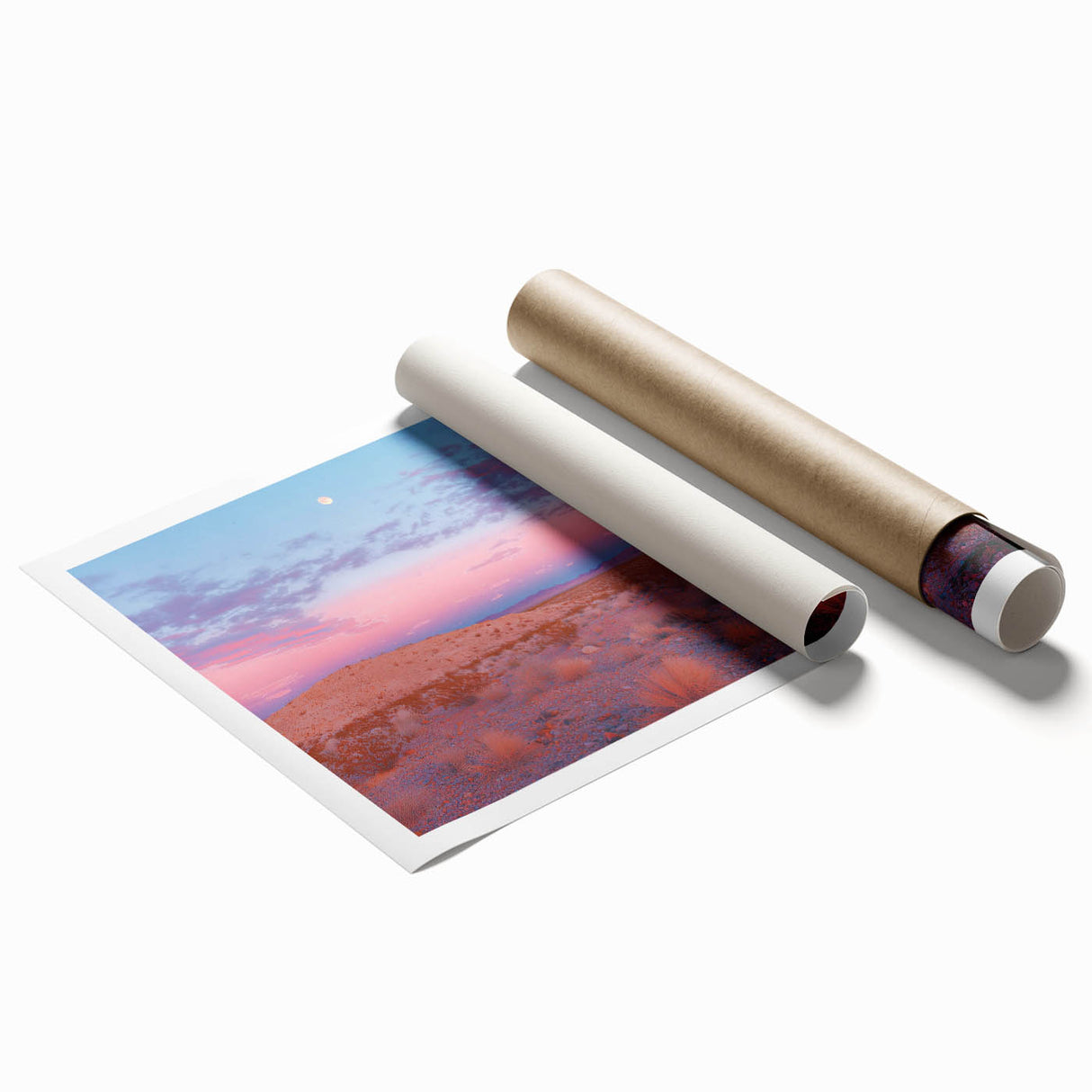 Desert landscape rolled print showcasing vibrant orange and yellow hues, expertly crafted on high-quality canvas, perfect for home decor or art enthusiasts.
