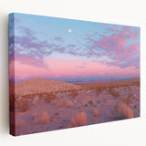 Desert landscape stretched canvas artwork showcasing vibrant orange and yellow hues, depicting a serene sunset over dunes, ideal for home decor enhancement.